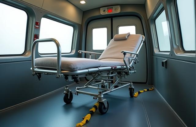 Interior view showing a stretcher chair secured inside a van.