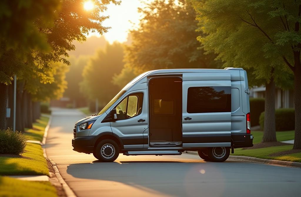 Modern wheelchair accessible van parked in a sunny, pleasant neighborhood.