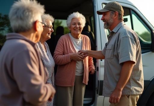 Group of seniors being helped into a REM transportation van.