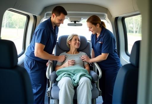 Medical personnel assisting a patient into a stretcher chair inside a REM van.