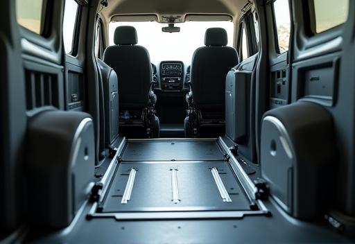 Interior of a wheelchair accessible van showing ramps and securement.